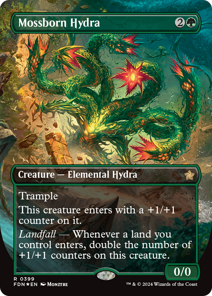 Mossborn Hydra (Borderless) (Mana Foil) [Foundations] | Black Swamp Games