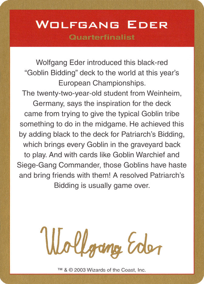 Wolfgang Eder Bio [World Championship Decks 2003] | Black Swamp Games