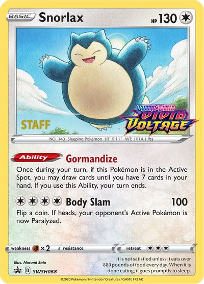 Snorlax (SWSH068) (Staff Prerelease Promo) [Sword & Shield: Black Star Promos] | Black Swamp Games