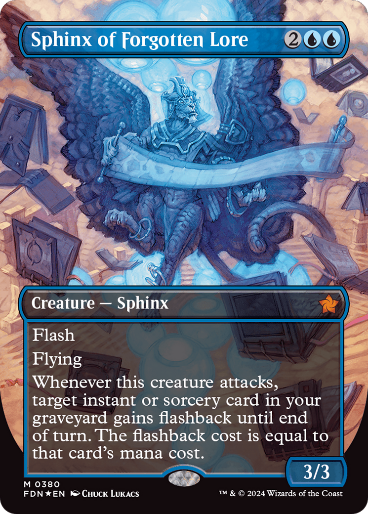 Sphinx of Forgotten Lore (Borderless) (Mana Foil) [Foundations] | Black Swamp Games