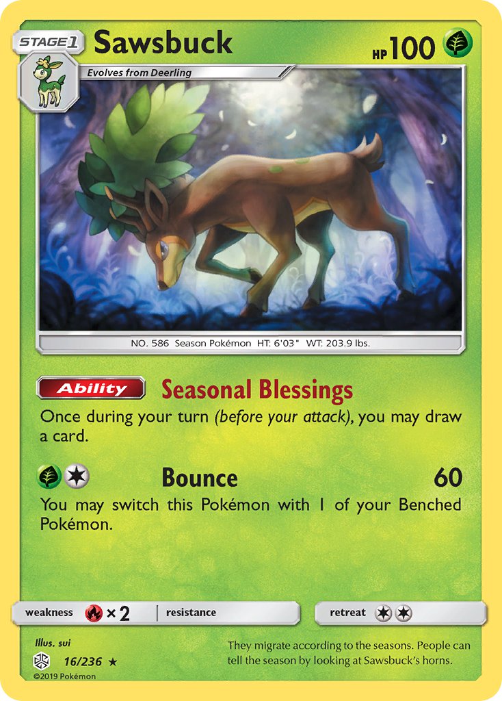 Sawsbuck (16/236) (Prerelease Kit Exclusive) (Theme Deck Exclusive) [Sun & Moon: Cosmic Eclipse] | Black Swamp Games