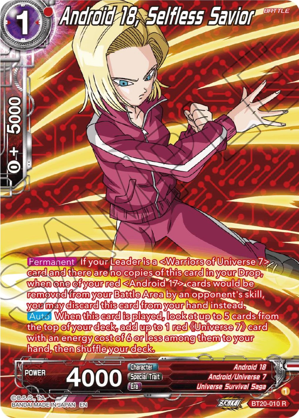 Android 18, Selfless Savior (Silver Foil) (BT20-010) [Power Absorbed] | Black Swamp Games