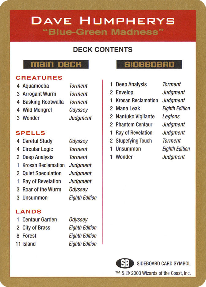 Dave Humpherys Decklist [World Championship Decks 2003] | Black Swamp Games