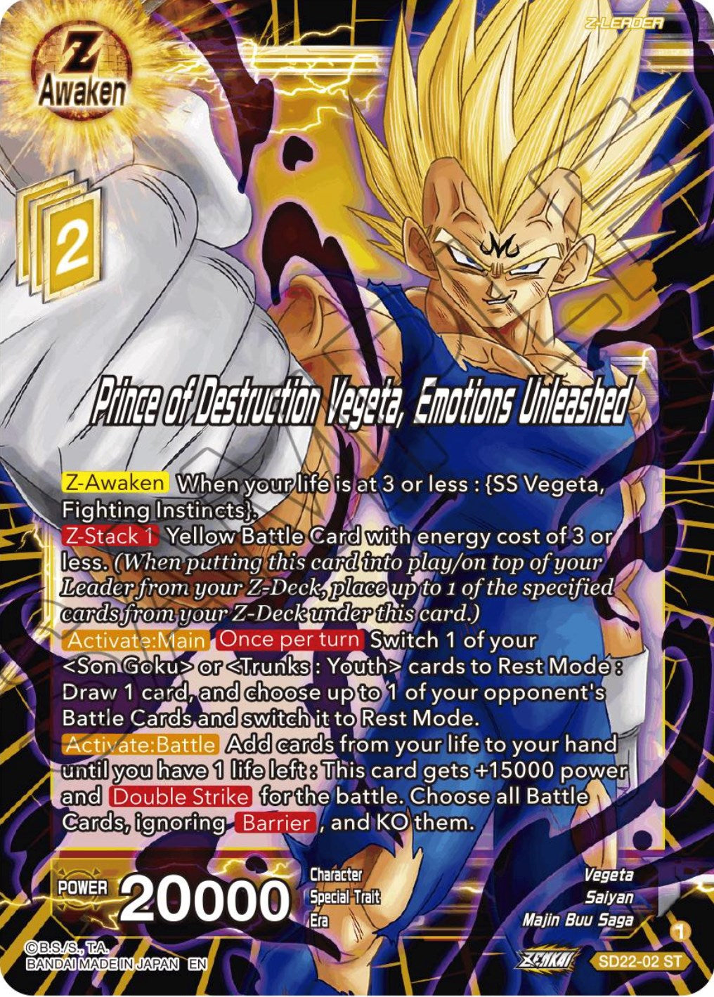 Prince of Destruction Vegeta, Emotions Unleashed (Starter Deck Exclusive) (SD22-02) [Power Absorbed] | Black Swamp Games