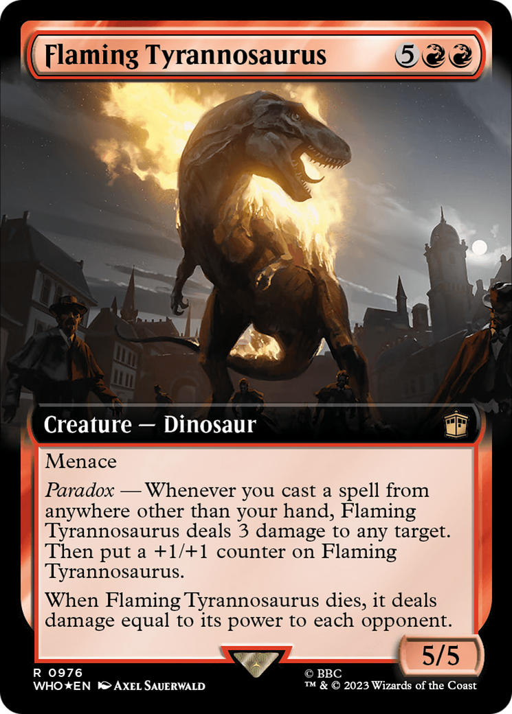 Flaming Tyrannosaurus (Extended Art) (Surge Foil) [Doctor Who] | Black Swamp Games