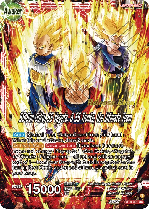 Son Goku & Vegeta & Trunks // SS Son Goku, SS Vegeta, & SS Trunks, the Ultimate Team (Fighter's Ambition Holiday Pack) (BT19-001) [Tournament Promotion Cards] | Black Swamp Games