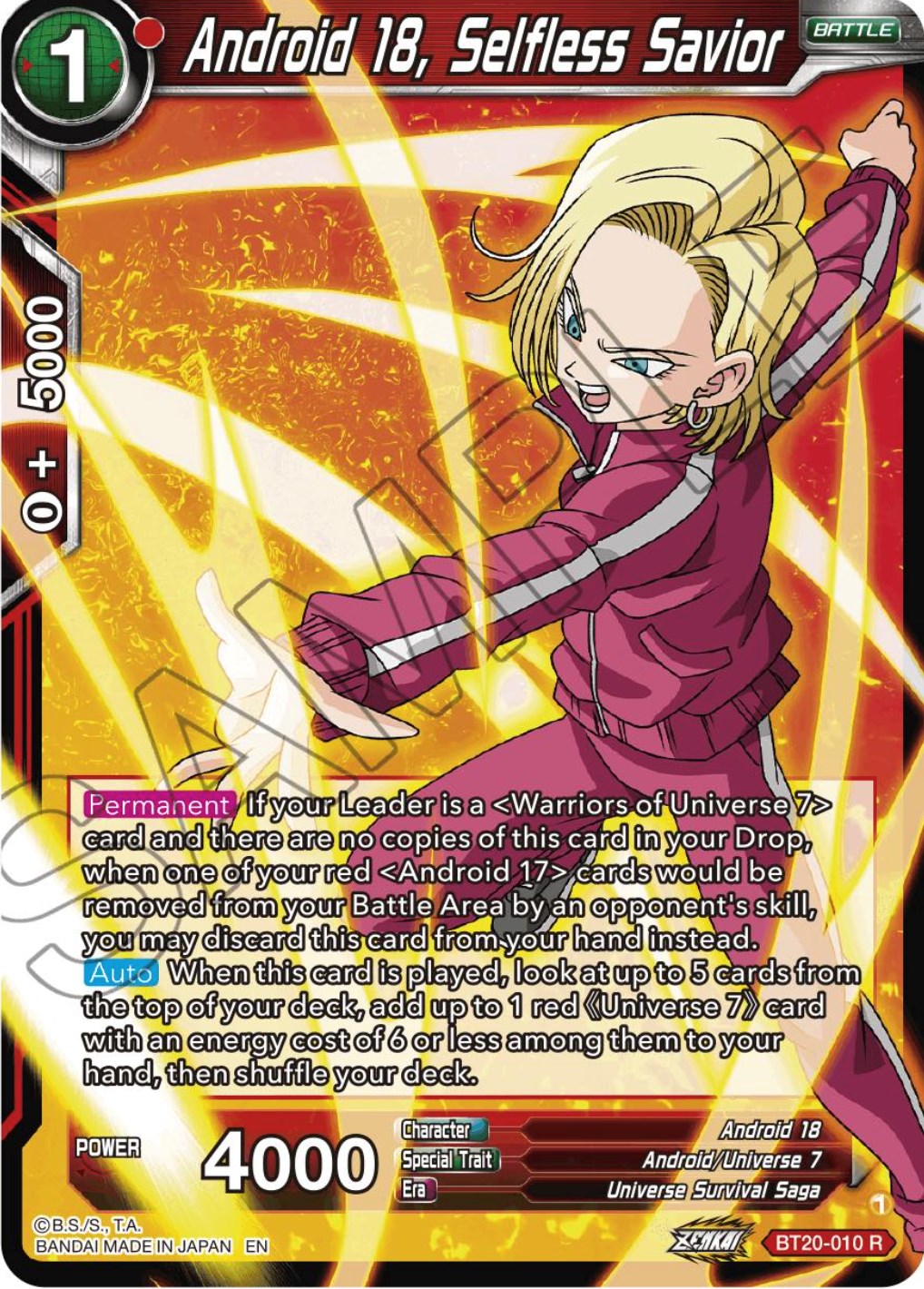 Android 18, Selfless Savior (BT20-010) [Power Absorbed] | Black Swamp Games