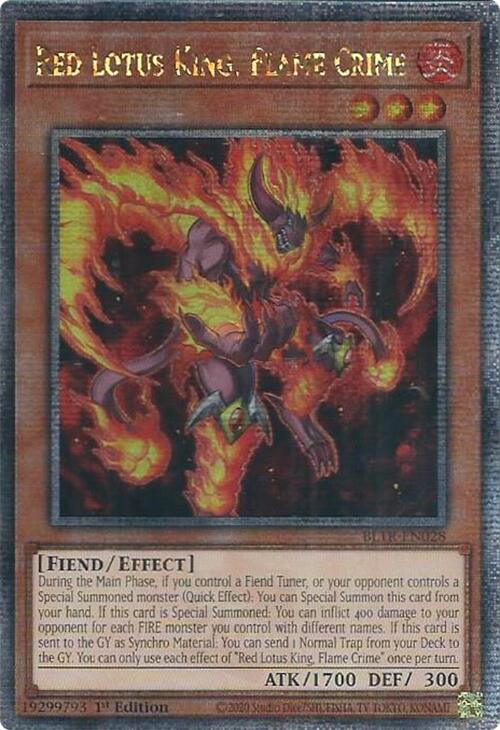 Red Lotus King, Flame Crime (Quarter Century Secret Rare) [BLTR-EN028] Quarter Century Secret Rare | Black Swamp Games