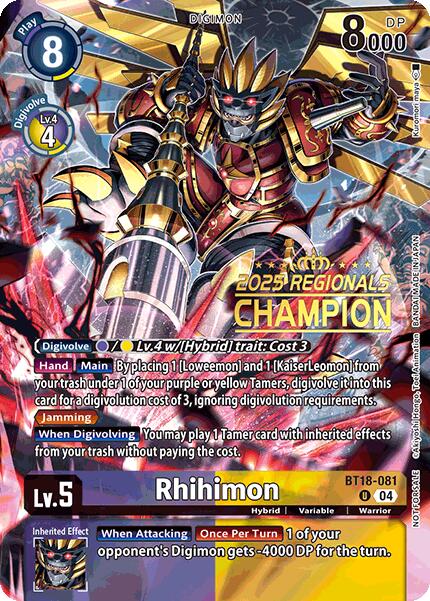 Rhihimon [BT18-081] (2025 Regionals Champion) [Release Special Booster Ver.2.0 Promos] | Black Swamp Games