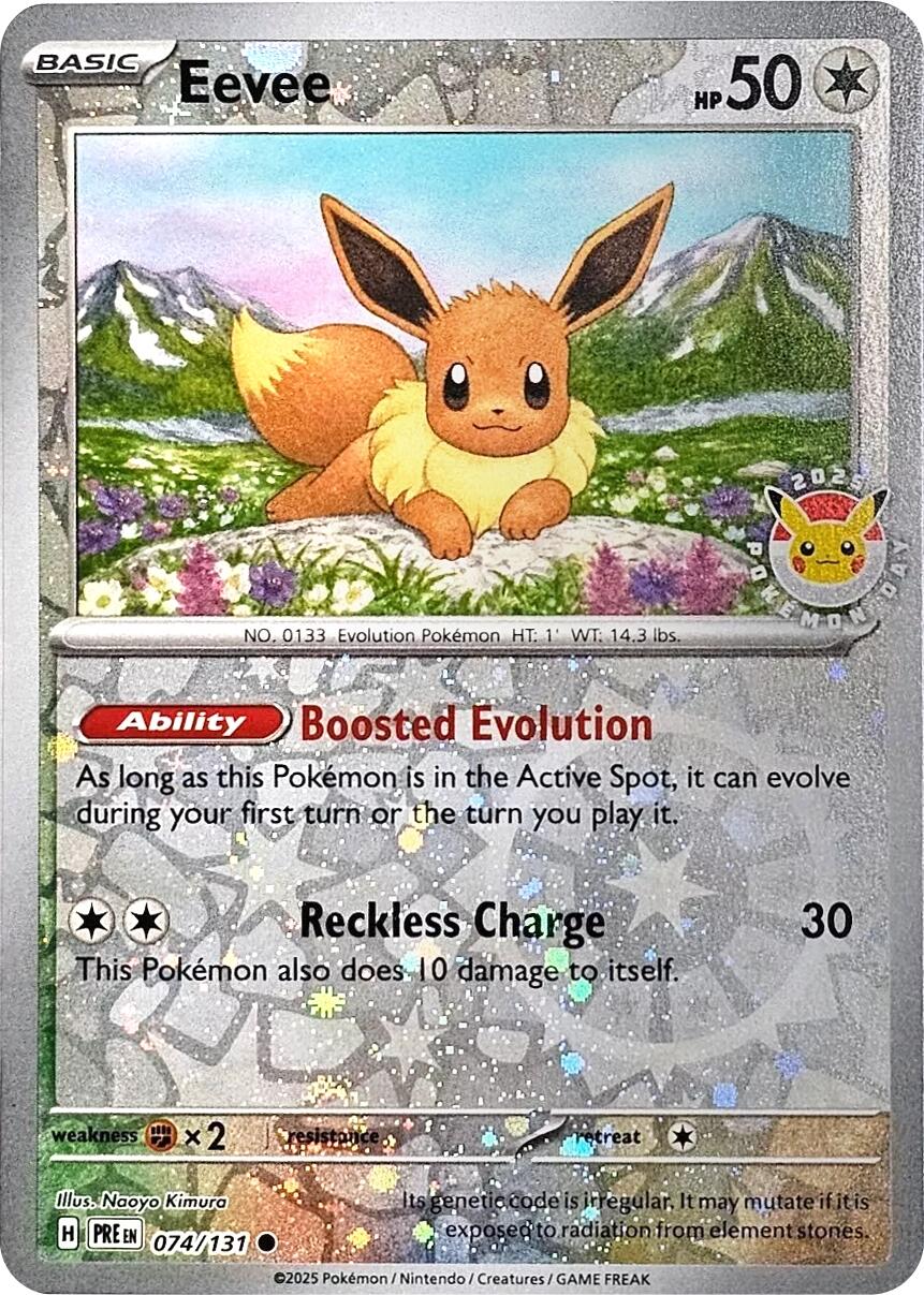 Eevee (074/131) (Pokemon Day 2025) (Reverse Cosmos Holo) [Scarlet & Violet: Prismatic Evolutions] | Black Swamp Games
