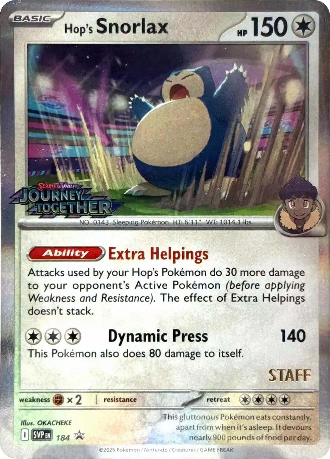 Hop's Snorlax (184) (Prerelease Staff) [Scarlet & Violet: Black Star Promos] | Black Swamp Games
