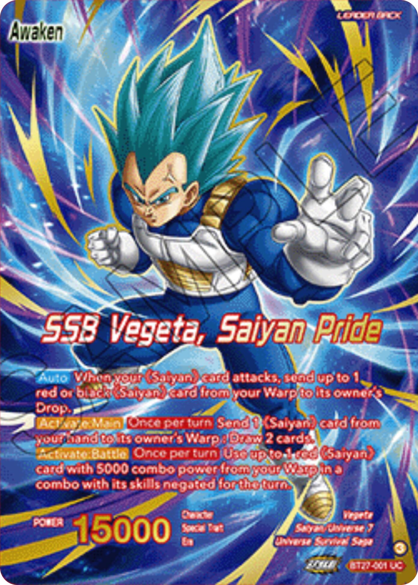 Vegeta // SSB Vegeta, Saiyan Pride (Championship 2025 Finals Alternate Art Leader Card) (BT27-001) [Tournament Promotion Cards] | Black Swamp Games