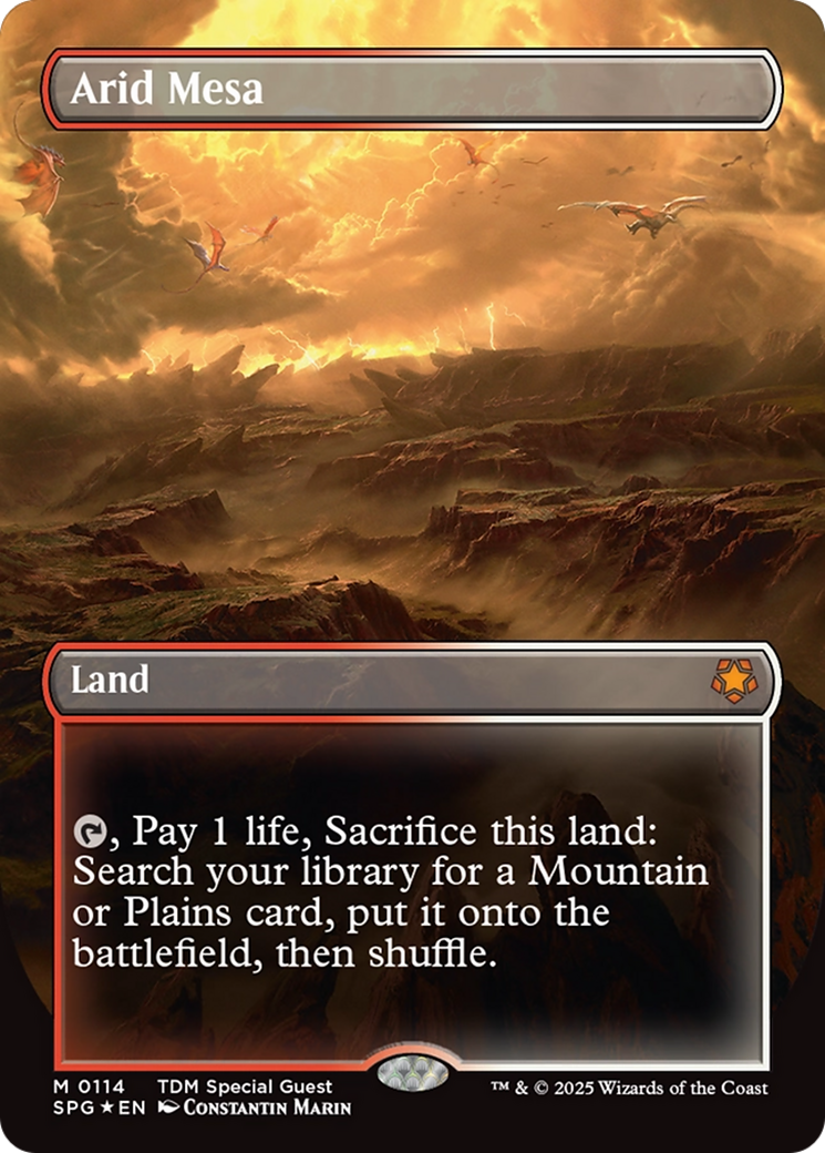 Arid Mesa (Borderless) (Dragonscale Foil) [Tarkir: Dragonstorm Special Guests] | Black Swamp Games