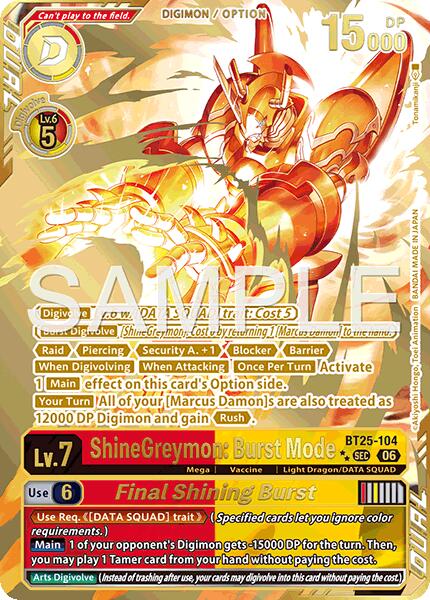 ShineGreymon: Burst Mode // Final Shining Burst [BT25-104] (Rare Pull) [Dual Revolution] | Black Swamp Games