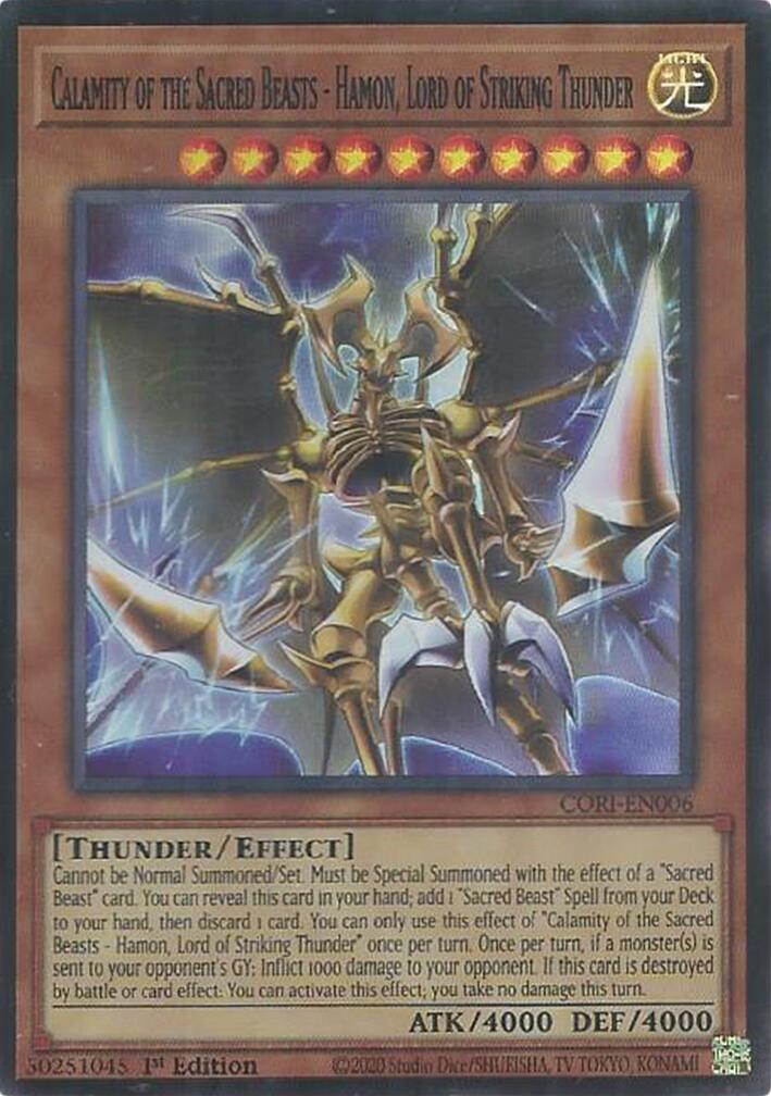 Calamity of the Sacred Beasts - Hamon, Lord of Striking Thunder [CORI-EN006] Super Rare | Black Swamp Games