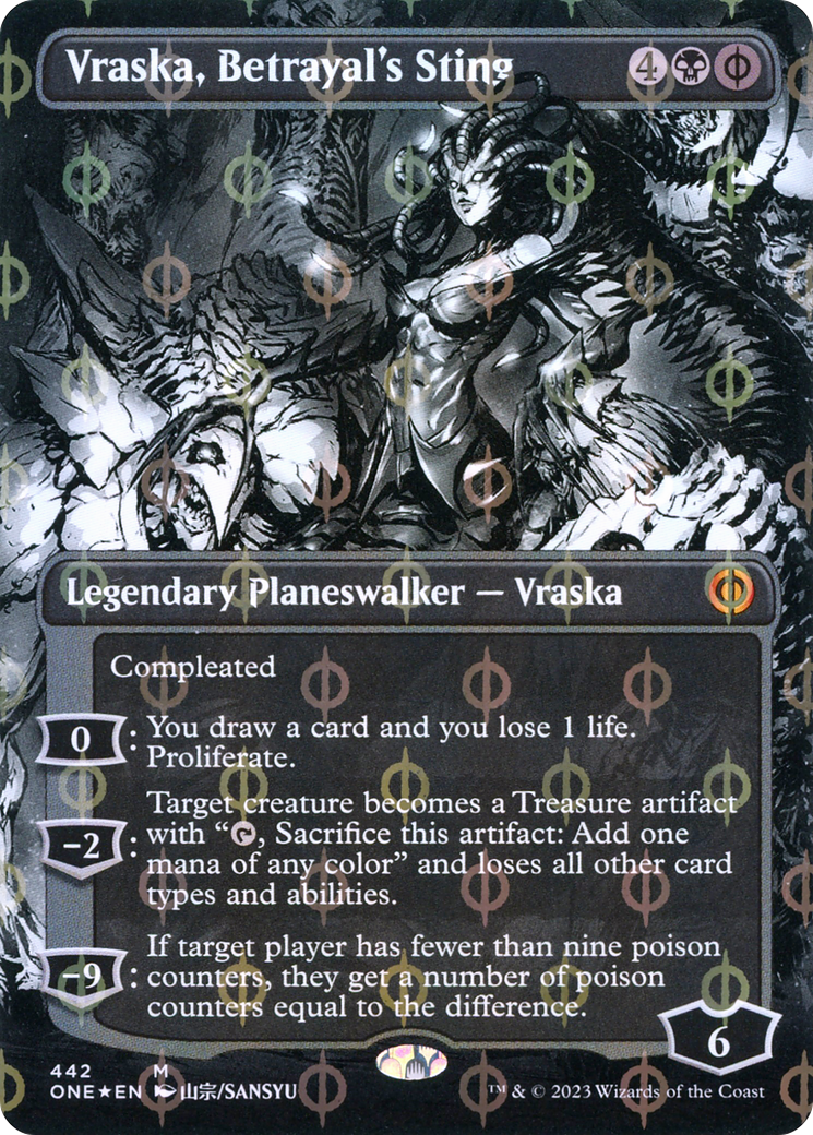 Vraska, Betrayal's Sting (Borderless Manga Step-and-Compleat Foil) [Phyrexia: All Will Be One] | Black Swamp Games
