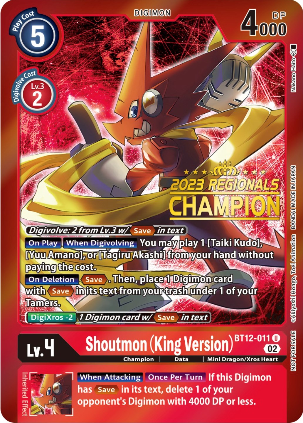 Shoutmon (King Version) [BT12-011] (2023 Regionals Champion) [Across Time Promos] | Black Swamp Games