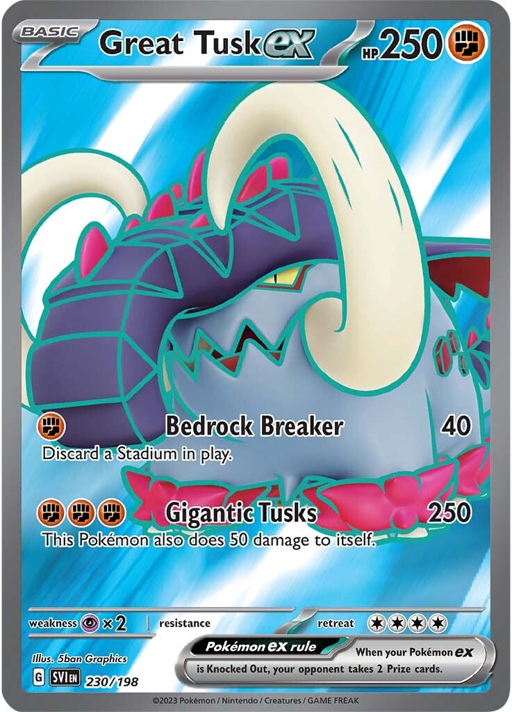 great tusk ex pokemon card value 053/091 Fighting Great Bash (260) This attacks damage isnt affected by any effects on your opponents Active Pokmon. Pokemon Scarlet & Violet Paldean