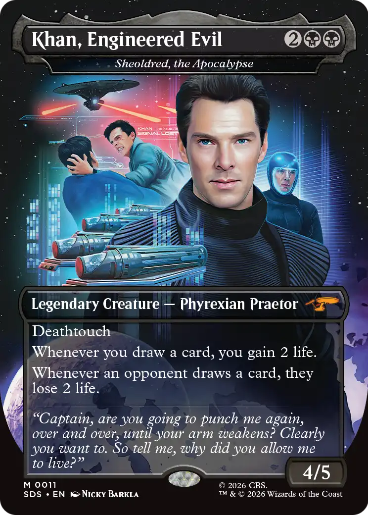 Khan, Engineered Evil - Sheoldred, the Apocalypse (Borderless) [Star Trek: Stardates] | Black Swamp Games
