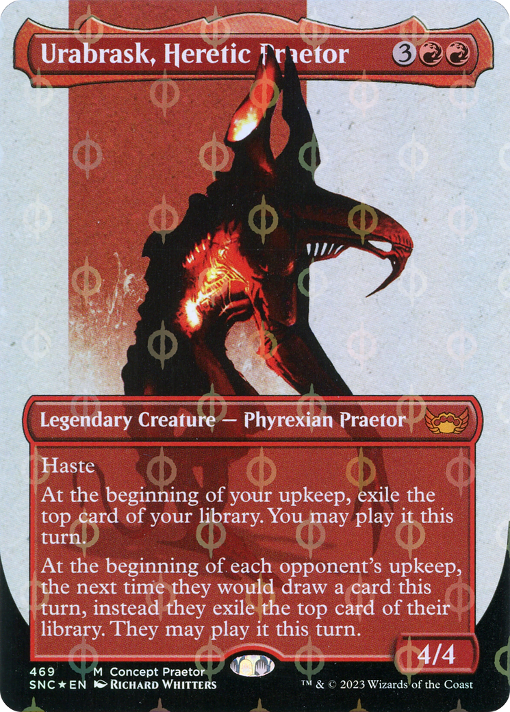 Urabrask, Heretic Praetor (Borderless Concept Praetors Step-and-Compleat Foil) [Phyrexia: All Will Be One] | Black Swamp Games