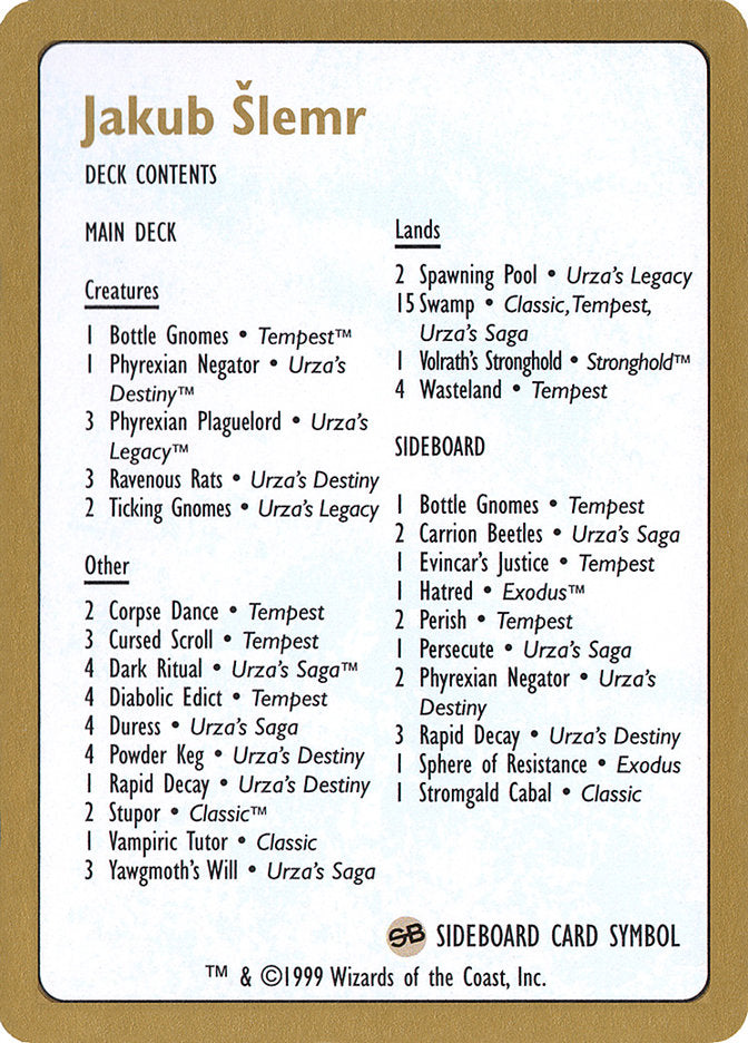 Jakub Slemr Decklist [World Championship Decks 1999] | Black Swamp Games