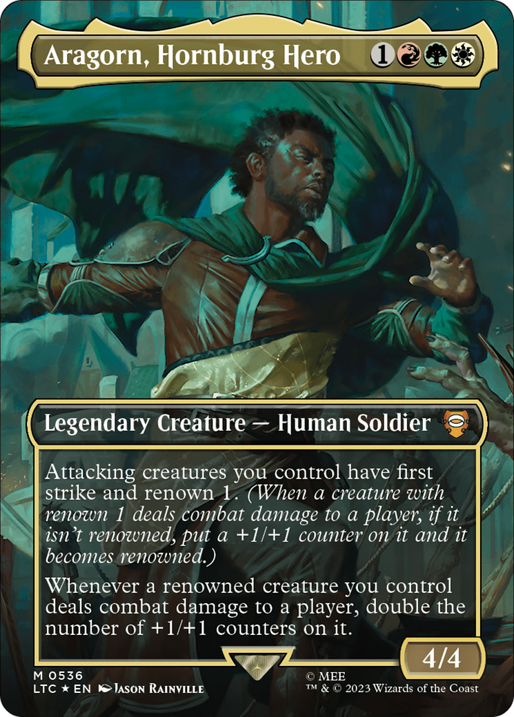 Aragorn, Hornburg Hero (Borderless) (Surge Foil) [The Lord of the Rings: Tales of Middle-Earth Commander] | Black Swamp Games