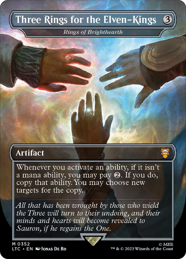 Three Rings for the Elven-Kings - Rings of Brighthearth (Borderless) (Surge Foil) [The Lord of the Rings: Tales of Middle-Earth Commander] | Black Swamp Games
