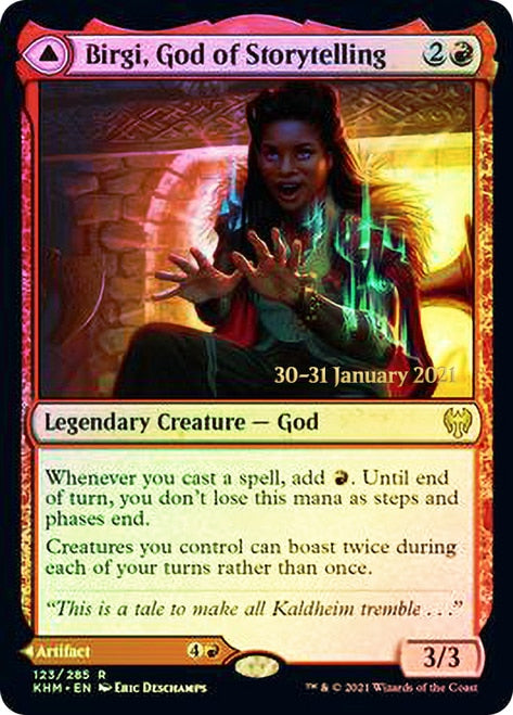 Birgi, God of Storytelling // Harnfel, Horn of Bounty [Kaldheim Prerelease Promos] | Black Swamp Games