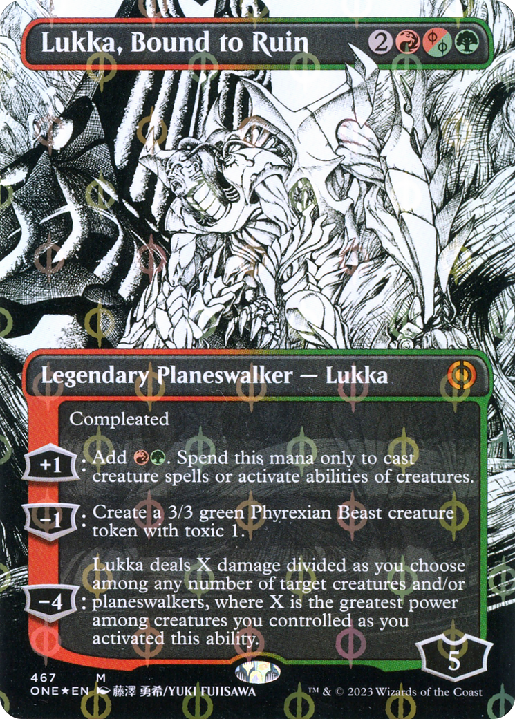 Lukka, Bound to Ruin (Borderless Manga Step-and-Compleat Foil) [Phyrexia: All Will Be One] | Black Swamp Games