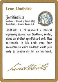 1996 Leon Lindback Biography Card [World Championship Decks] | Black Swamp Games