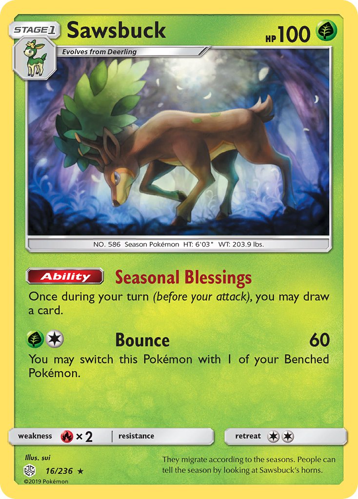 Sawsbuck (16/236) (Prerelease Kit Exclusive) (Theme Deck Exclusive) [Sun & Moon: Cosmic Eclipse] | Black Swamp Games