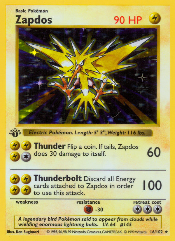 Zapdos (16/102) (Shadowless) [Base Set 1st Edition] | Black Swamp Games