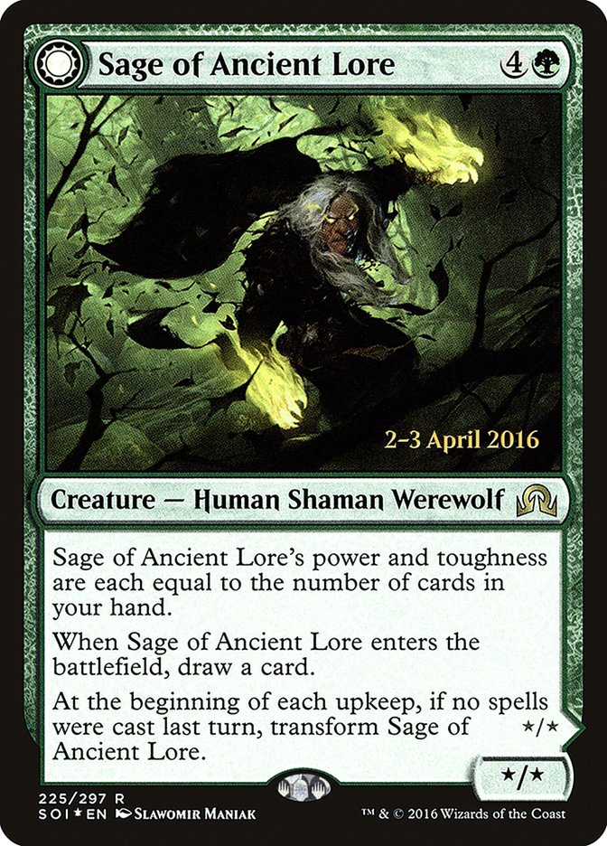 Sage of Ancient Lore // Werewolf of Ancient Hunger [Shadows over Innistrad Prerelease Promos] | Black Swamp Games