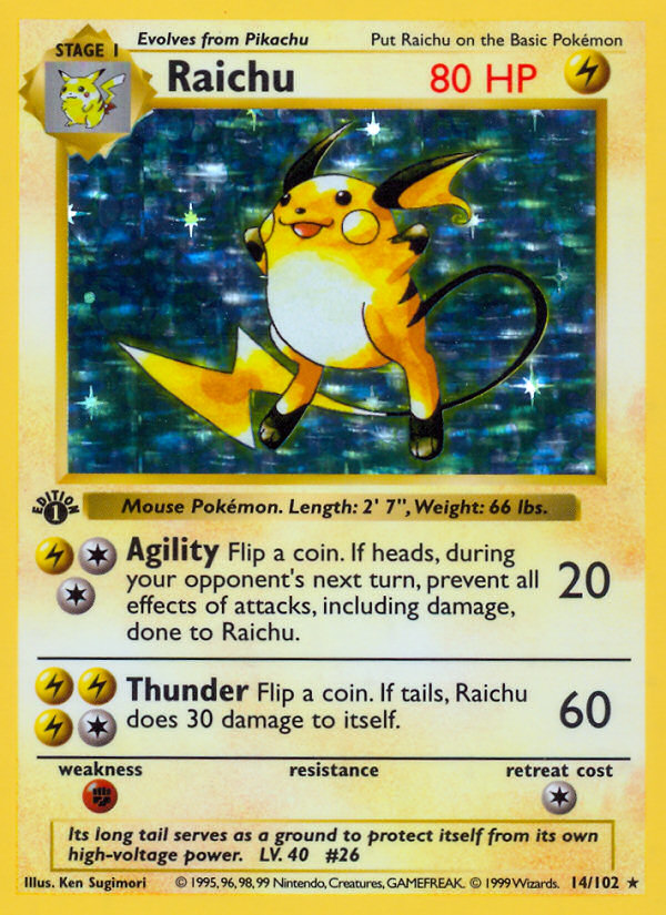 Raichu (14/102) (Shadowless) [Base Set 1st Edition] | Black Swamp Games