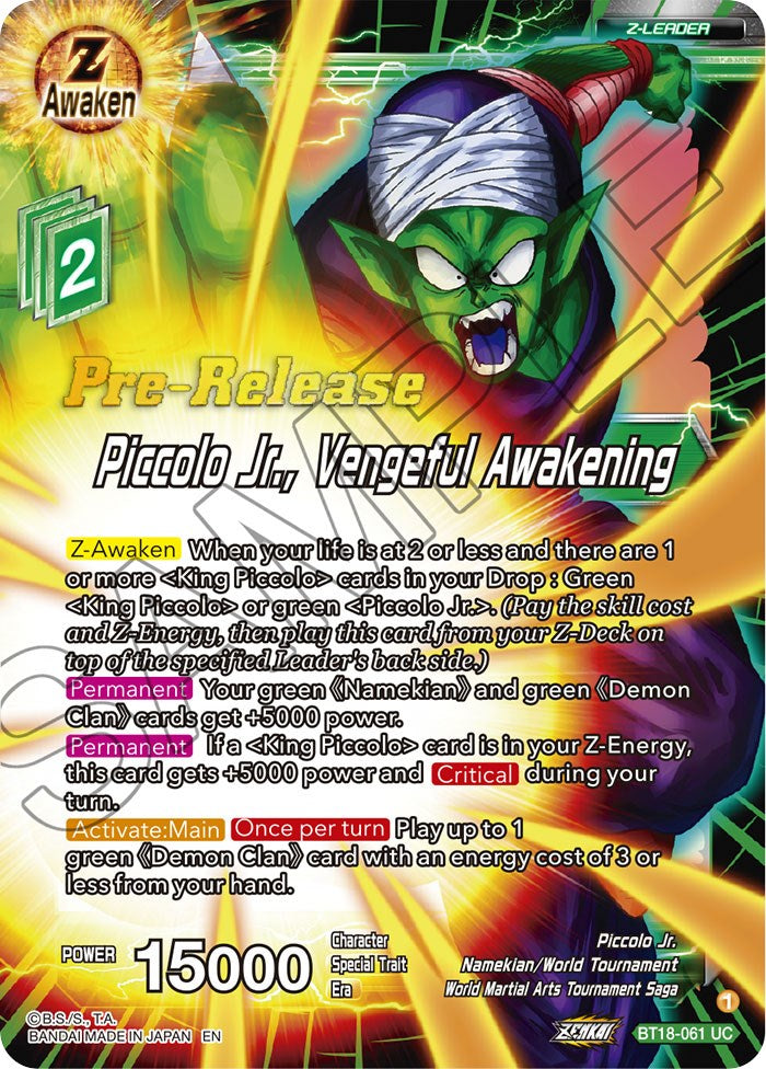 Piccolo Jr., Vengeful Awakening (BT18-061) [Dawn of the Z-Legends Prerelease Promos] | Black Swamp Games