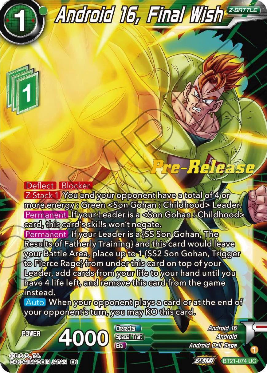 Android 16, Final Wish (BT21-074) [Wild Resurgence Pre-Release Cards] | Black Swamp Games