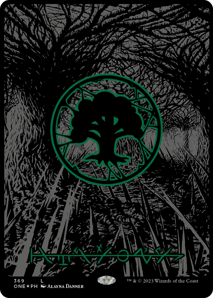 Forest (369) (Oil Slick Raised Foil) [Phyrexia: All Will Be One] | Black Swamp Games