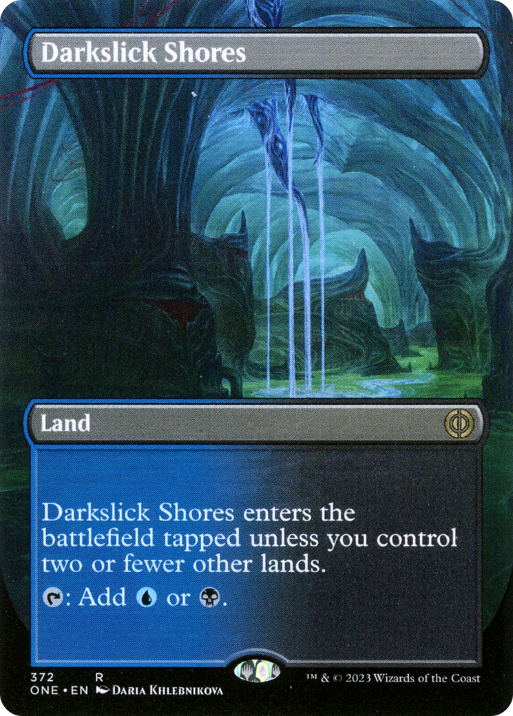 Darkslick Shores (Borderless Alternate Art) [Phyrexia: All Will Be One] | Black Swamp Games