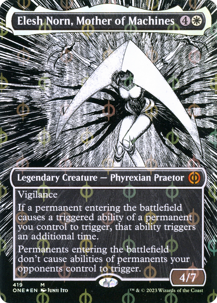 Elesh Norn, Mother of Machines (Borderless Manga Step-and-Compleat Foil) [Phyrexia: All Will Be One] | Black Swamp Games