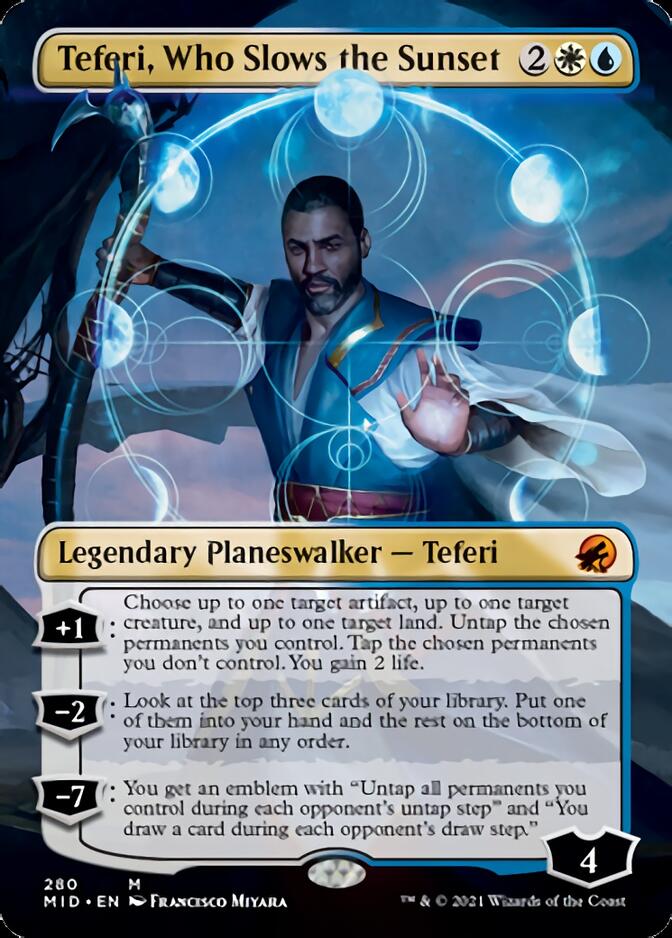 Teferi, Who Slows the Sunset (Borderless) [Innistrad: Midnight Hunt] | Black Swamp Games