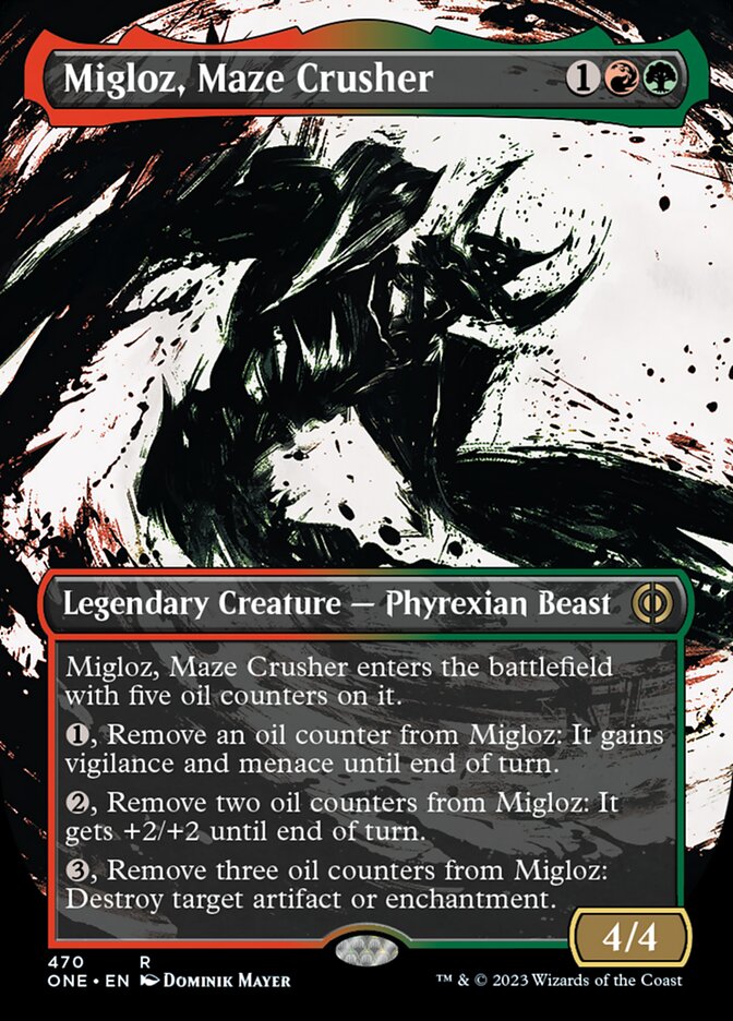 Migloz, Maze Crusher (Borderless Ichor Step-and-Compleat Foil) [Phyrexia: All Will Be One] | Black Swamp Games